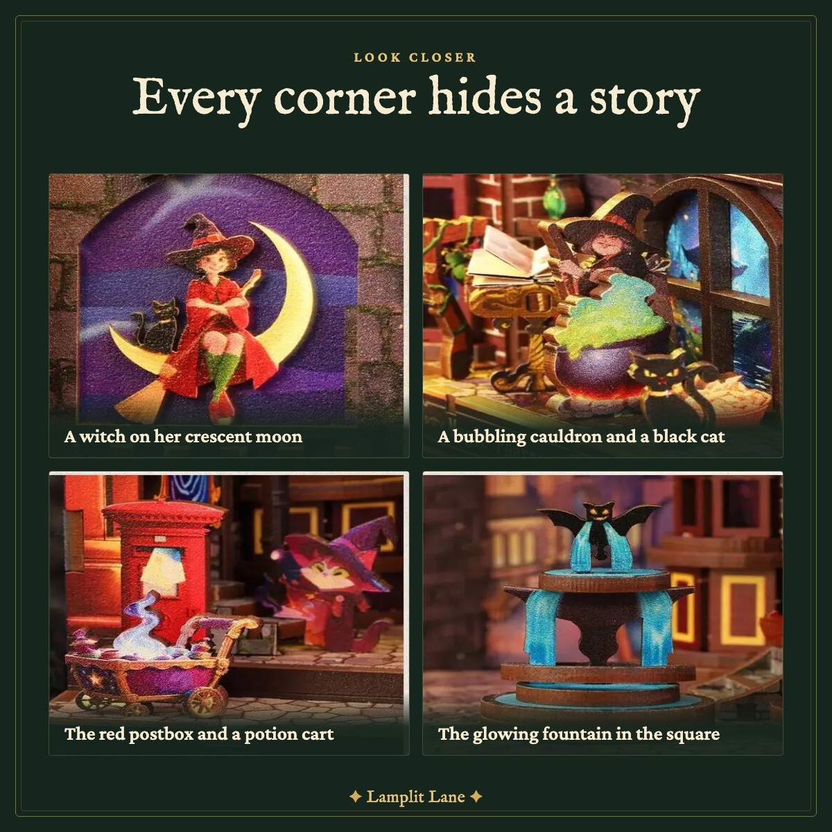 Magic Alley details: witch on a crescent moon, cauldron and black cat, postbox, fountain