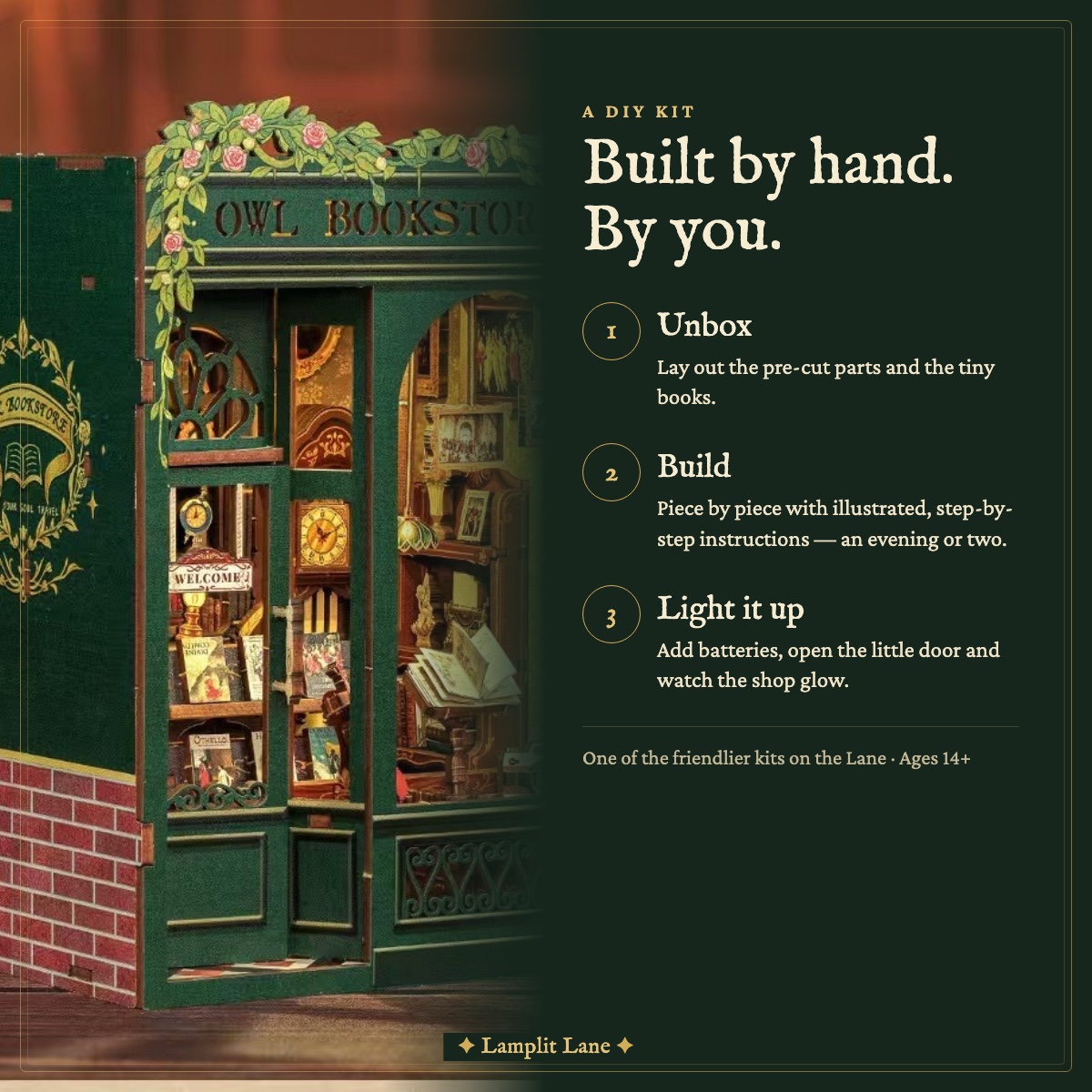 Owl Bookstore DIY kit: unbox, build, light it up